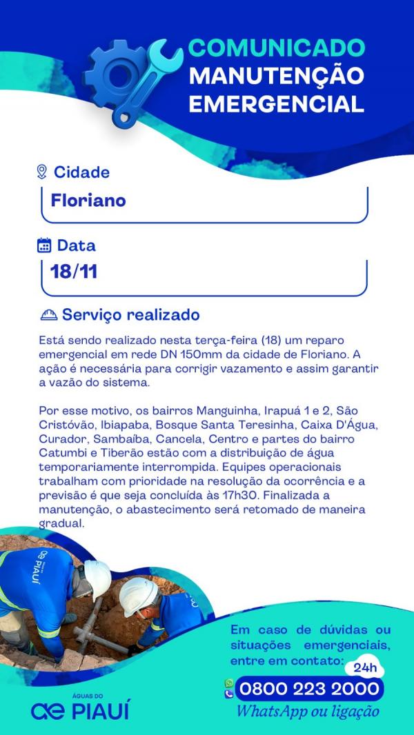 Manuten&ccedil;&atilde;o emergencial afeta abastecimento de &aacute;gua em Floriano nesta ter&ccedil;a-feira (18).(Imagem:Divulga&ccedil;&atilde;o)