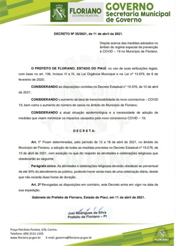 Floriano segue decreto estadual. mas edita medida diferenciada para as celebra&ccedil;&otilde;es religiosas(Imagem:Divulga&ccedil;&atilde;o)