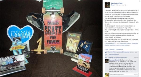 Skatista exibe conquistas e faz despedida do esporte nas redes sociais.(Imagem:Reprodu&ccedil;&atilde;o/Facebook)
