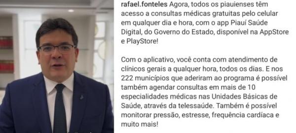 Rafael Fonteles anuncia acesso a consultas m&eacute;dicas gratuitas pelo celular.(Imagem:Reprodu&ccedil;&atilde;o)
