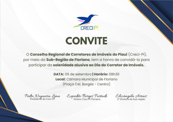 Creci-PI convida para solenidade em homenagem ao Dia do Corretor de Imóveis em Floriano