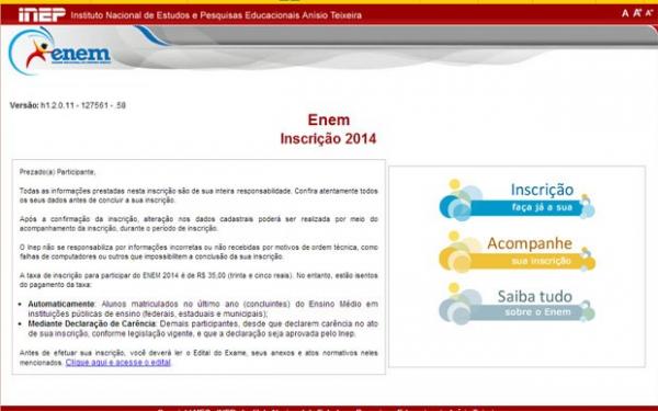 Site para inscri&ccedil;&atilde;o no Enem 2014 j&aacute; est&aacute; no ar.(Imagem:Reprodu&ccedil;&atilde;o/Inep)