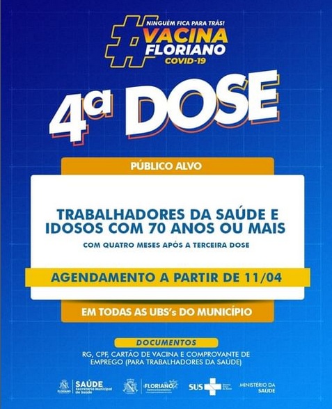 Floriano abre agendamento para 4ª dose em pessoas com 70 anos ou mais e trabalhadores da saúde