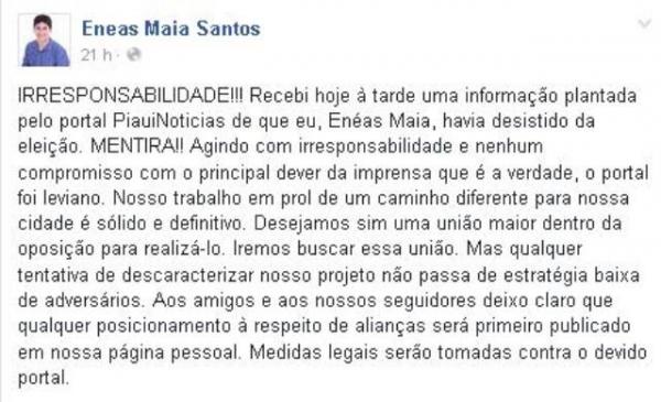 En&eacute;as Maia desmente boato sobre desist&ecirc;ncia de candidatura a prefeito de Floriano.(Imagem:Reprodu&ccedil;&atilde;o/Facebook)