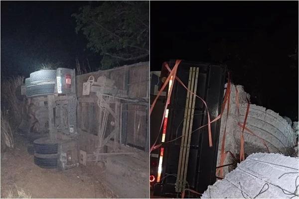 Motorista de caminhão fica ferido após veículo tombar na rodovia BR-316