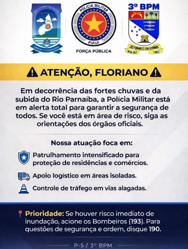 Polícia Militar intensifica ações em Floriano após chuvas e subida do Rio Parnaíba