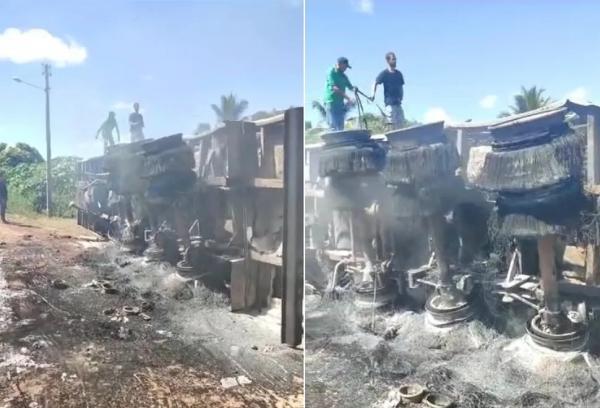 Carreta frigorífica pega fogo e tomba na rodovia BR-135, em Monte Alegre do Piauí