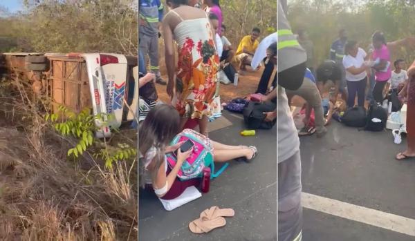 Ônibus levando pacientes de hemodiálise colide com carreta e tomba na BR-343, no Piauí