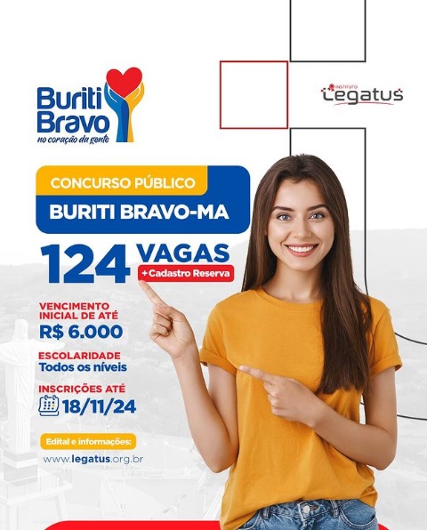 Concurso em Buriti Bravo-MA tem 124 vagas para todos os níveis de escolaridade