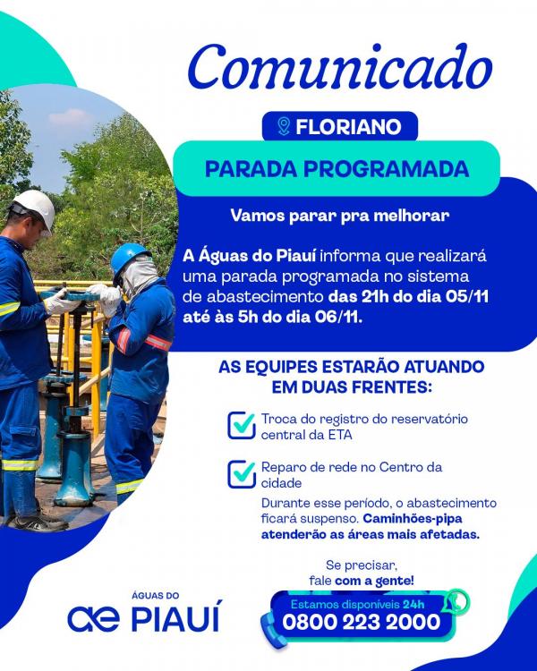 Águas do Piauí realiza parada programada no sistema de abastecimento de Floriano