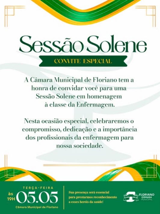 Câmara de Floriano realiza Sessão Solene em homenagem aos profissionais da enfermagem nesta terça