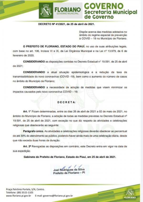 Floriano segue novo Decreto Estadual(Imagem:Reprodu&ccedil;&atilde;o)