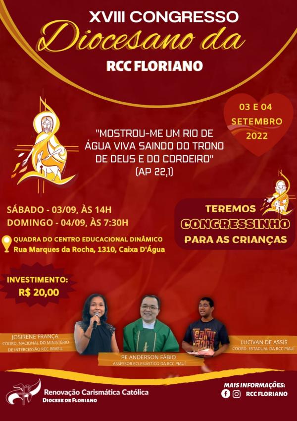 XVIII Congresso Diocesano da RCC será realizado nos dias 03 e 04 de setembro em Floriano