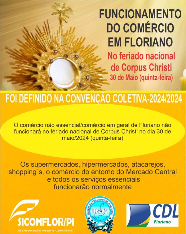 Com&eacute;rcio de Floriano define funcionamento durante o feriado de Corpus Christi.(Imagem:Divulga&ccedil;&atilde;o)