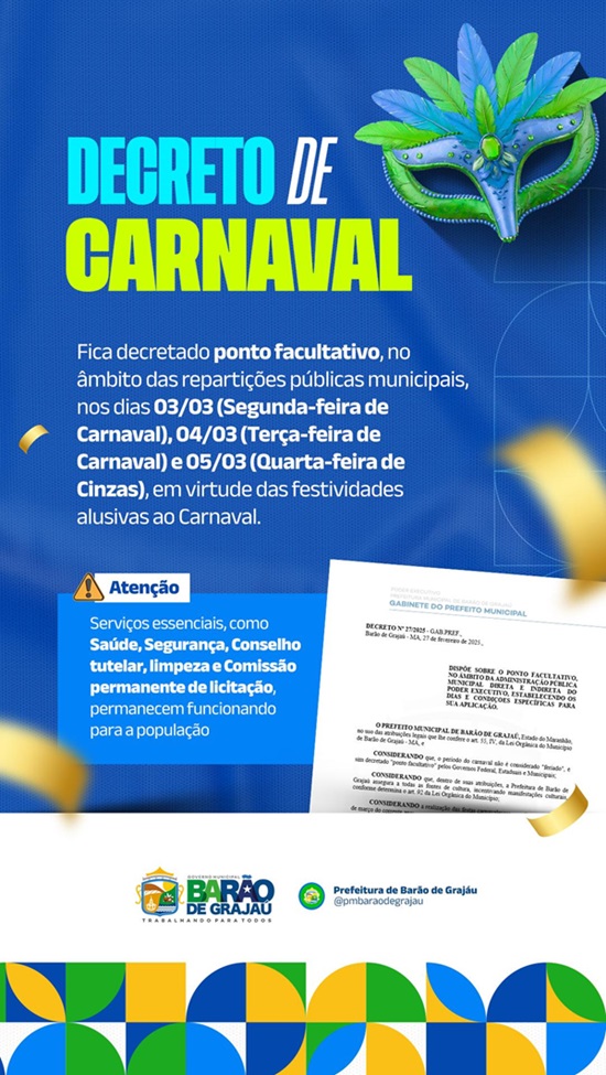 Carnaval 2025: Barão de Grajaú terá ponto facultativo nas repartições públicas municipais