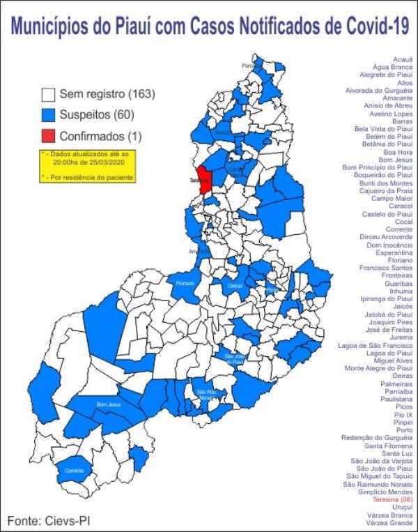Mais de 60 cidades do Piau&iacute; registram casos suspeitos de Covid-19.(Imagem:Cievs-PI)