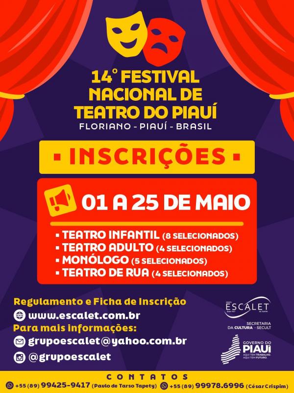 Inscrições abertas para o 14º Festival Nacional de Teatro do Piauí em Floriano
