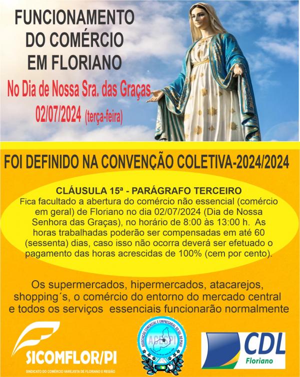 Feriado de Nossa Senhora das Graças: Comércio não essencial de Floriano abrirá das 08h às 13h