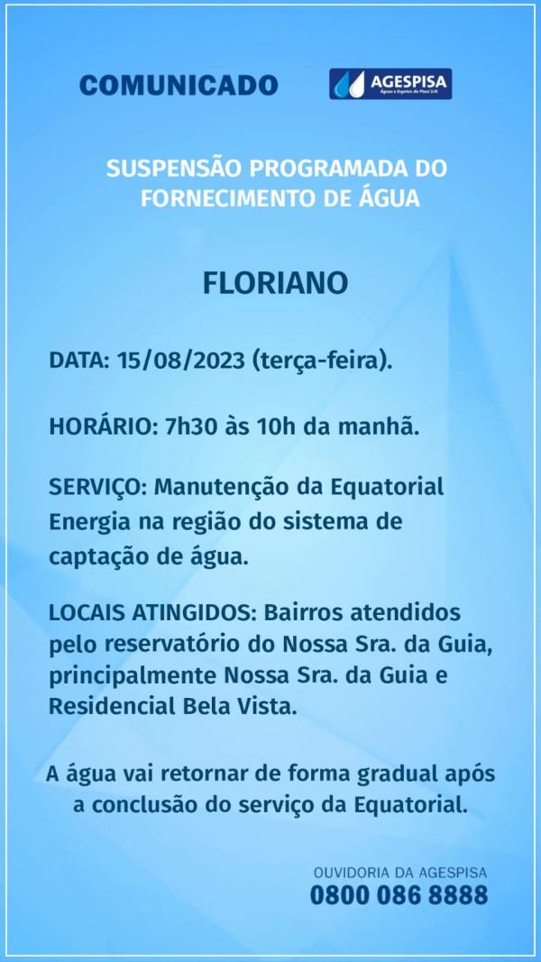 Agespisa realiza suspensão programada de fornecimento de água nesta terça-feira em Floriano