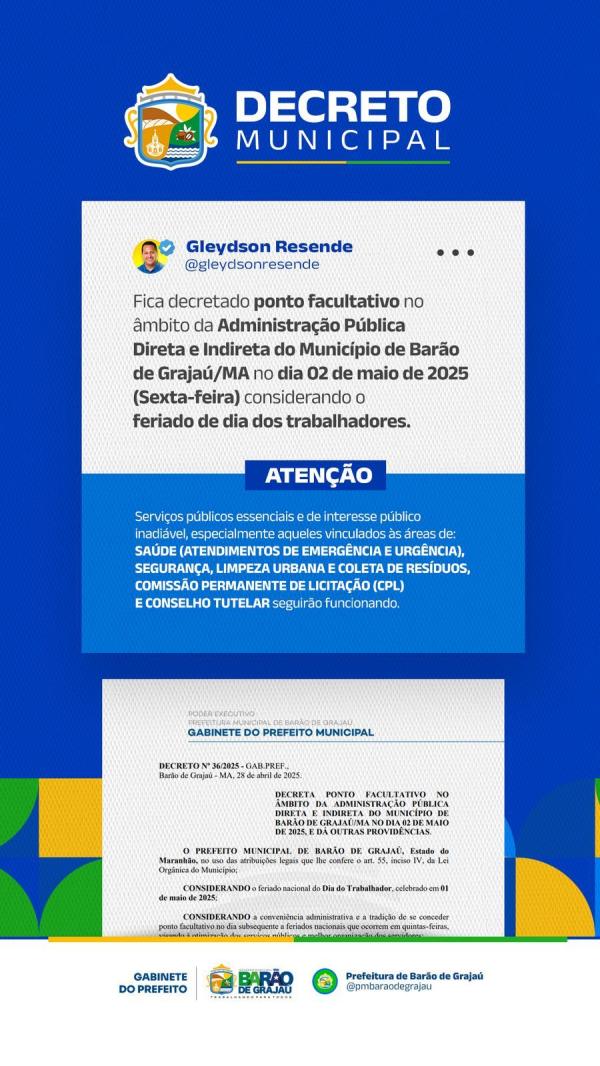  Prefeito Gleydson Resende decreta ponto facultativo em Bar&atilde;o de Graja&uacute; no dia 2 de maio.(Imagem:Divulga&ccedil;&atilde;o)