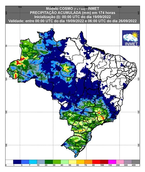  Previs&atilde;o de chuva para at&eacute; 26 de setembro. (Imagem: Inmet )