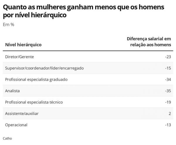 Diferen&ccedil;a salarial entre mulheres e homens por n&iacute;vel hier&aacute;rquico.(Imagem:Economia G1)