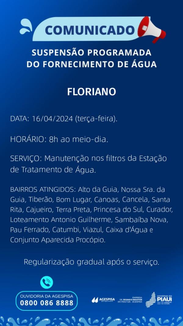 Agespisa informa suspensão programada do fornecimento de água em Floriano