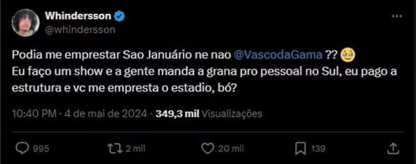 Whindersson Nunes pede a Vasco o Est&aacute;dio S&atilde;o Janu&aacute;rio 