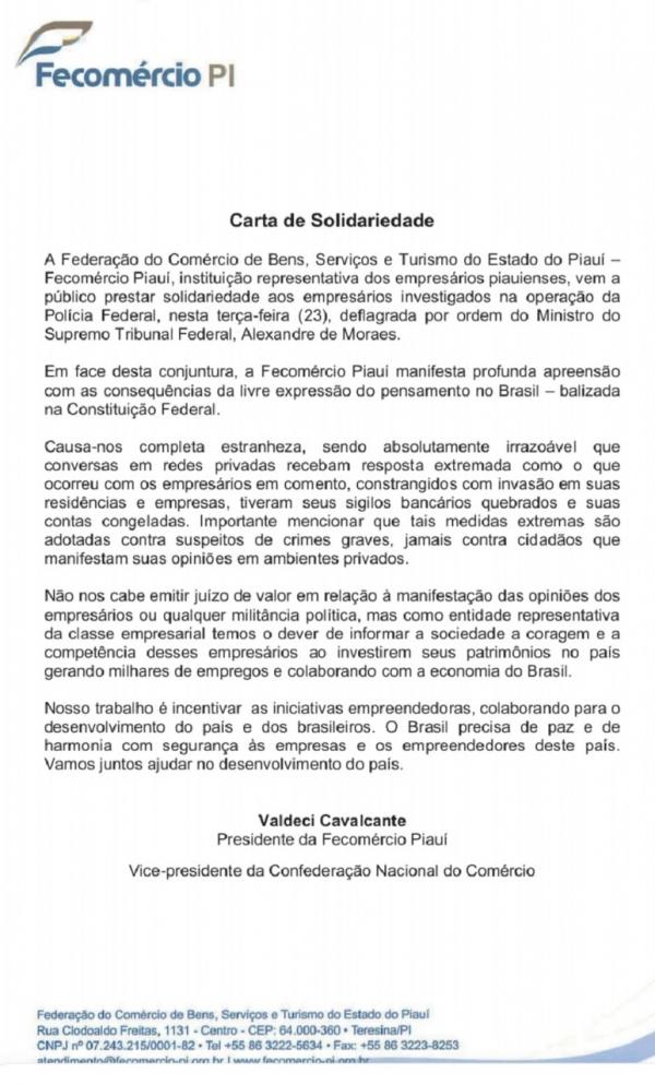 FECOMÉRCIO emite nota de solidariedade à empresários