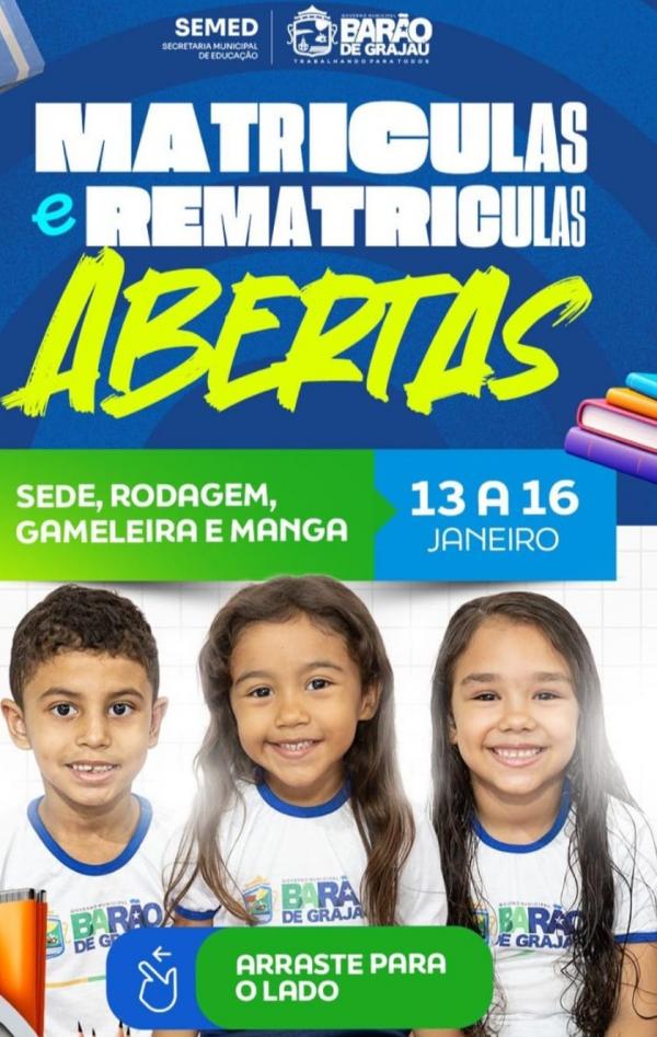 Rede Municipal de Educação de Barão de Grajaú abre período de matrículas e rematrículas para 2026
