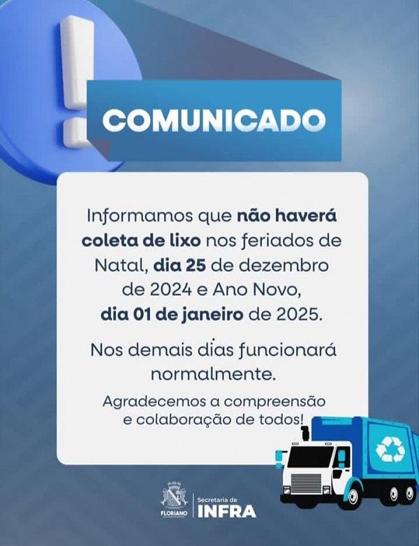 Coleta de lixo será suspensa nos feriados de Natal e Ano Novo em Floriano