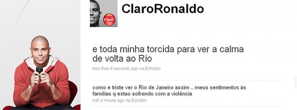 Triste com violência no Rio, Ronaldo mostra solidariedade pelo Twitter