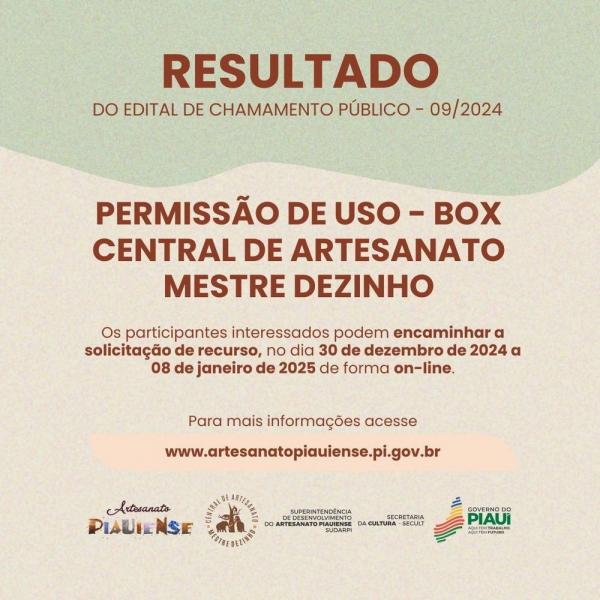 Sudarpi divulga resultado do edital de permissão de uso de Loja na Central de Artesanato