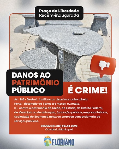 Prefeitura de Floriano lamenta atos de vandalismo na Praça da Liberdade recém-inaugurada