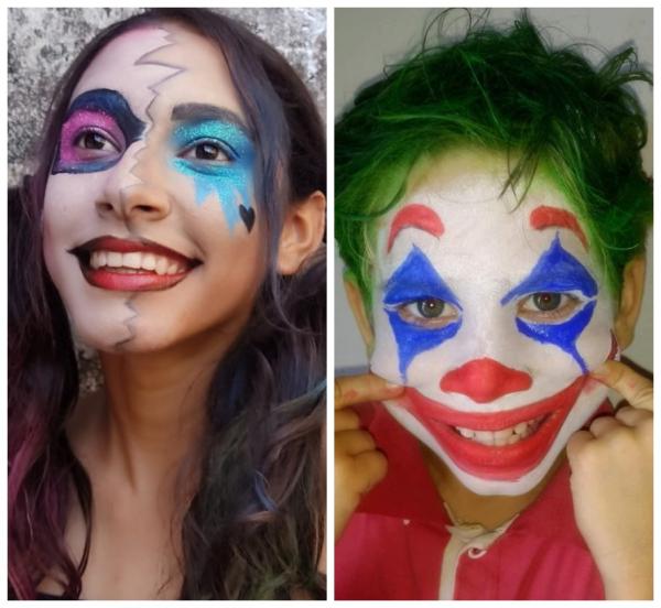 Maquiagem art&iacute;stica dos personagens Arlequina e Coringa.(Imagem:Reprodu&ccedil;&atilde;o/Instagram @dnaemcores)