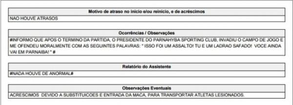 &Aacute;rbitro descreve na sumula agress&atilde;o verbal proferida por Batista Filho.(Imagem:Reprodu&ccedil;&atilde;o)