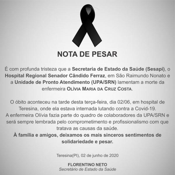 Sesapi divulgou nota pelo falecimento de Ol&iacute;via. (Imagem:Divulga&ccedil;&atilde;o)