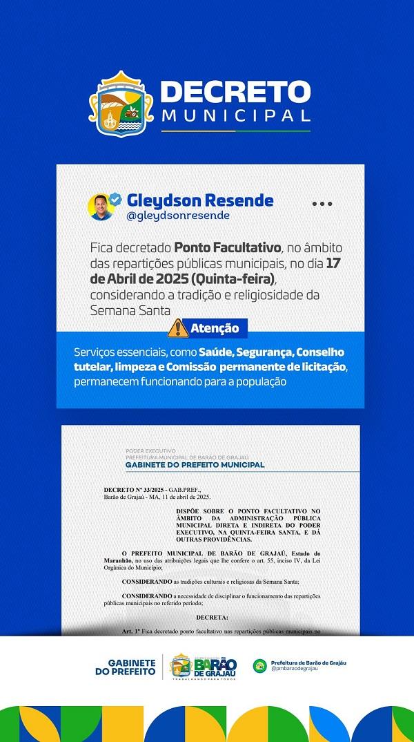  Prefeitura de Bar&atilde;o de Graja&uacute; decreta ponto facultativo no dia 17 de abril em raz&atilde;o da Semana Santa.(Imagem:Divulga&ccedil;&atilde;o)