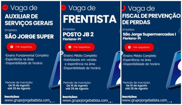 Grupo Jorge Batista oferta vagas de emprego em Floriano; inscrições de 16 a 28 de agosto
