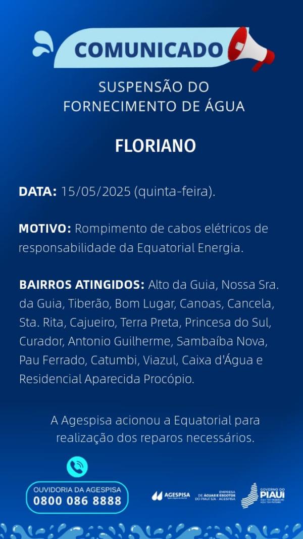 Agespisa comunica suspensão temporária do abastecimento de água em vários bairros de Floriano