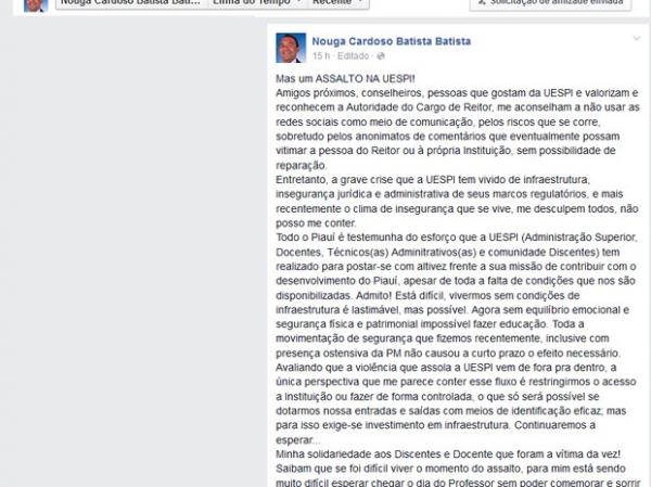 Reitor anuncia restringir acesso na Uespi após constantes assaltos