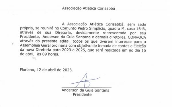 Associa&ccedil;&atilde;o Atl&eacute;tica Corisabb&aacute; convoca elei&ccedil;&atilde;o para nova diretoria em Floriano.(Imagem:Divulga&ccedil;&atilde;o)