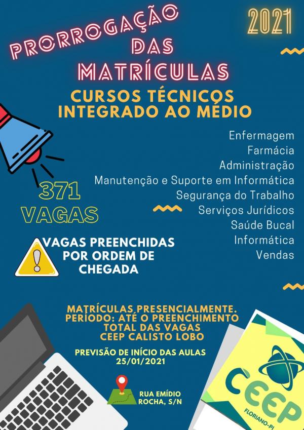 CEEP Calisto Lobo divulga novo prazo para realiza&ccedil;&atilde;o de matr&iacute;culas (Imagem:Divulga&ccedil;&atilde;o)