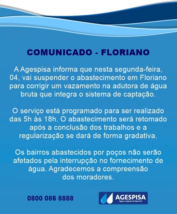 Agespisa informa suspensão no fornecimento de água nesta segunda dia 04