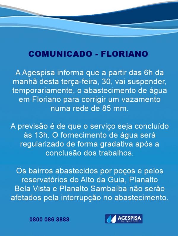 Agespisa de Floriano interromper&aacute; o fornecimento de &aacute;gua nesta ter&ccedil;a (30)(Imagem:Divulga&ccedil;&atilde;o)