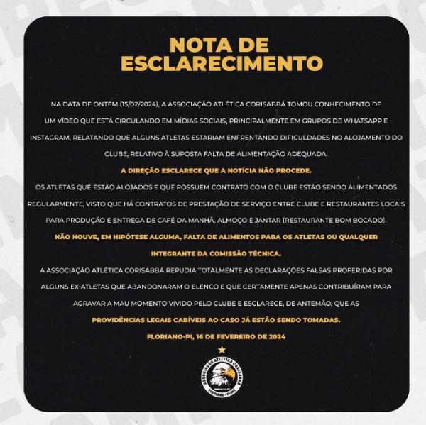 Associação Atlética Corisabbá esclarece rumores sobre alojamento e alimentação de atletas