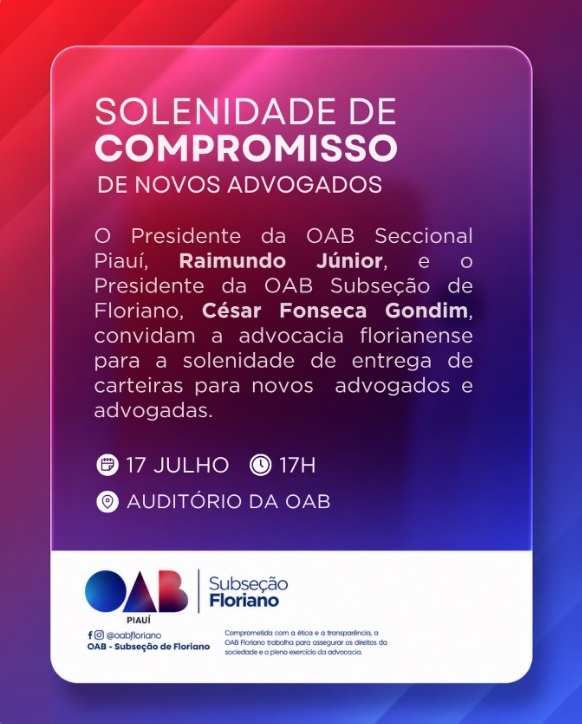 OAB Subseção de Floriano realiza cerimônia de ingresso de novos advogados nesta sexta-feira
