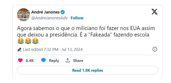 Andr&eacute; Janones em publica&ccedil;&atilde;o feita no X(Imagem:Reprodu&ccedil;&atilde;o X)