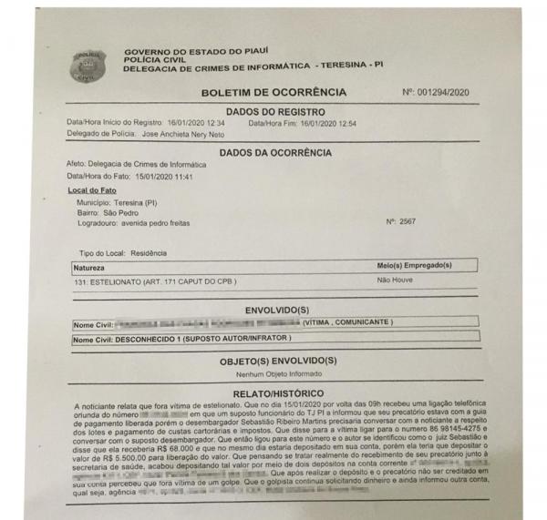 Boletim de ocorr&ecirc;ncia registrado na delegacia. (Imagem: Reprodu&ccedil;&atilde;o)