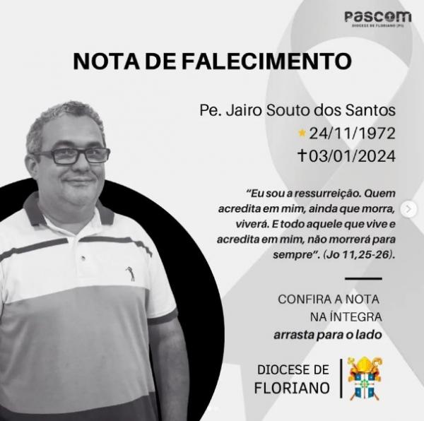 Diocese de Floriano informa o falecimento do Reverendo Padre Jairo Souto dos Santos
